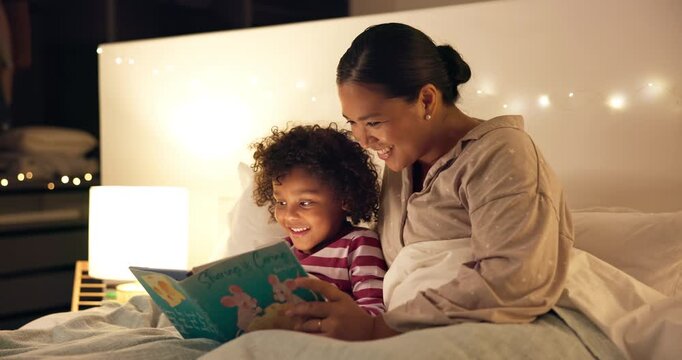 Night, mom or book with child for bedtime story, fantasy or imagination together in home. Mother, reading or bonding with kid or novel in late evening for literature, education or learning in bedroom