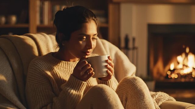 A woman in a chunky knit sweater sits in a plush armchair by a glowing fireplace, holding a steaming mug and smiling peacefully as warm evening light fills the cozy living room.