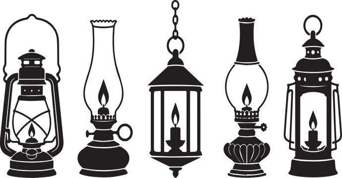 Set of Five Vintage Oil Lamp and Kerosene Lantern Silhouettes, Classic Antique Lighting Icons for Vector Design, Rustic Farmhouse Decor Elements, and Historical Illustration Clipart Assets.