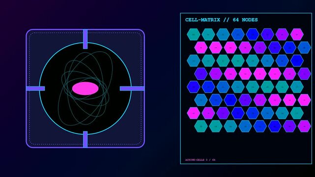 This digital display shows a glowing pink Fusion Reactor Core surrounded by a matrix of hexagonal nodes as energy levels shift across the dark screen.