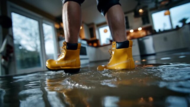 Homeowner inspecting flooded kitchen in rubber boots water damage concept