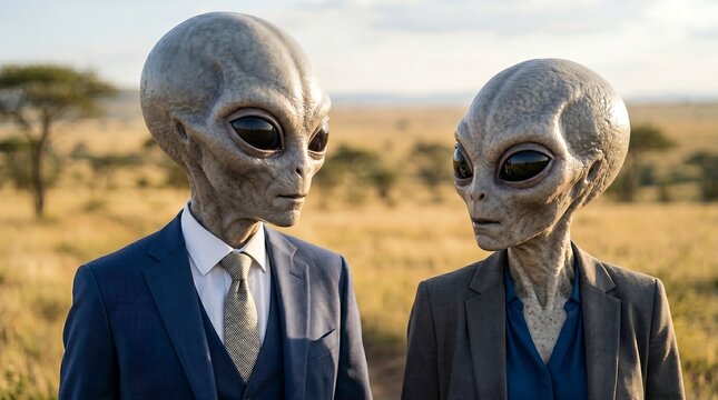 Two grey aliens wearing professional suits in a savanna landscape