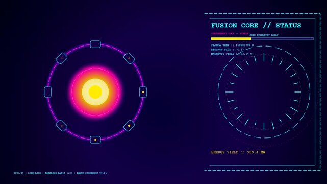 A high tech animation shows the fusion reactor core status screen with rotating gauges measuring energy yield and flickering data in a dark laboratory setting