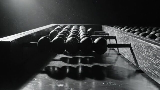 Low angle shot of a vintage abacus on a wooden table, with light and shadow illuminating the details and beads