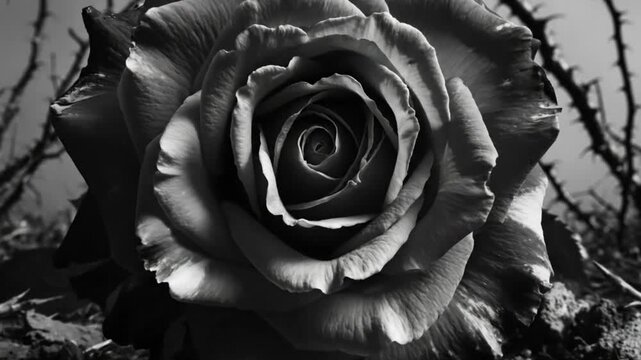 Black and white close up of a beautiful rose in a dark and barren environment with thorns.