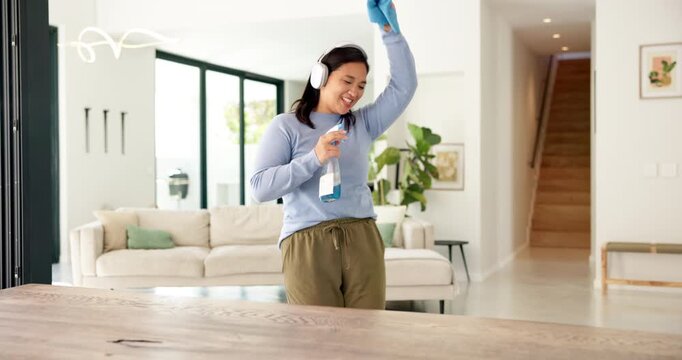Cleaning, dance and woman with spray bottle and headphones for housework, chores and hygiene. Happy, home and person with cloth, audio and streaming music for housekeeping, maintenance and bacteria