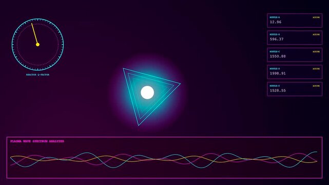 Monitoring the advanced fusion reactor core through a complex digital interface displaying real time plasma waves and energy module statistics for high performance laboratory purposes.