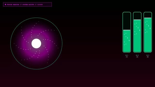 A spinning Fusion Reactor Core display shows animated energy levels rising in a dark digital interface designed for futuristic science monitoring and advanced power system data visualization