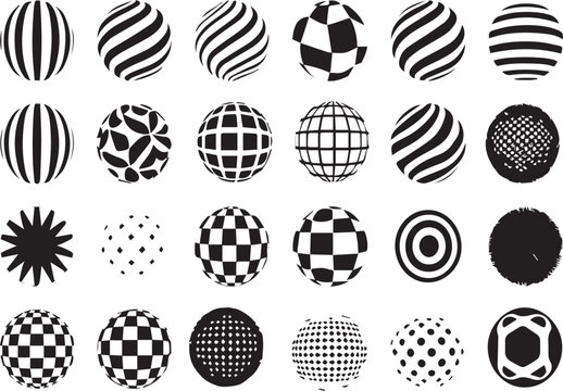 Set of abstract geometric sphere icons with black and white patterns, stripes, checkers, and halftone dots for creative graphic design, branding, and minimalist digital art illustrations.