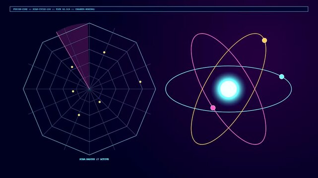 An advanced Fusion Reactor Core interface displays rotating orbital particles and sweeping radar data in a seamless digital motion graphic loop for high tech research visualization projects
