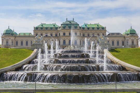 Fountains and cascades in the Belvedere Garden, behind the upper Baroque Belvedere Palace, Vienna, Austria