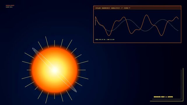 A glowing orange Fusion Reactor Core pulsates with energy while digital waveforms and solar harmonic analysis data streams across a dark blue futuristic screen interface.
