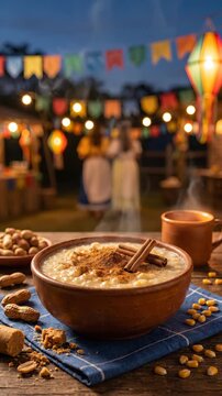 Traditional arroz doce with cinnamon on a rustic Festa Junina table surrounded by colorful decorations, warm lights and authentic Brazilian June festival atmosphere in cinematic 4K