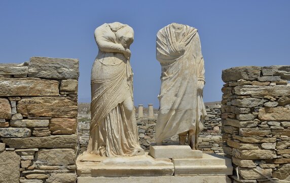 Ancient statues without heads, torsos, Delos island, UNESCO World Heritage Site, Mykonos, Cyclades, Greece
