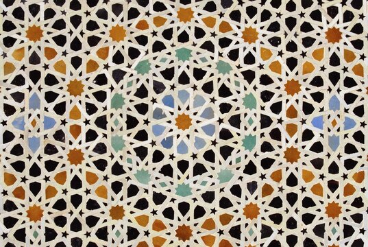 Mosaic (Zellij), detail, at Bou Inania, Bouanania, Medersa, Madrasa, in the medina of Fes, Fez, Morocco, Africa