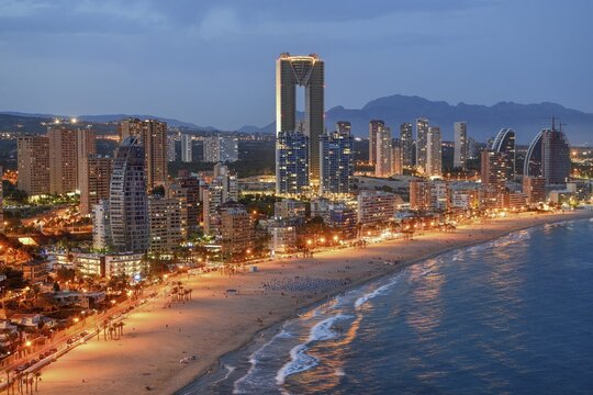 Skyline of Benidorm with the high-rise Intempo, with 192 metres the highest residential building in Europe, blue hour, Playa Poniente, Benidorm, Costa Blanca, Valencia County, Spain