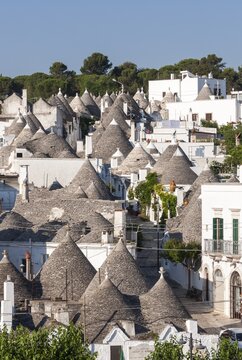 Overlooking the conical roofs of the Trulli, Rione Monti District, Alberobello, Apulia, Italy