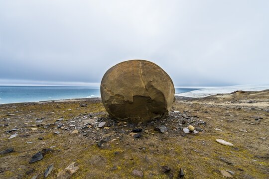 Giant stone sphere, Champ Island, Franz Josef Land archipelago, Russia