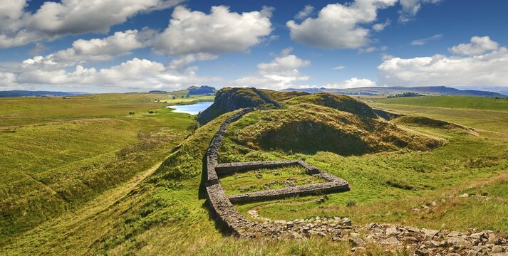 Hadrian's Wall with foundation walls of former watchtower, Haltwhistle, Northumberland, England, United Kingdom