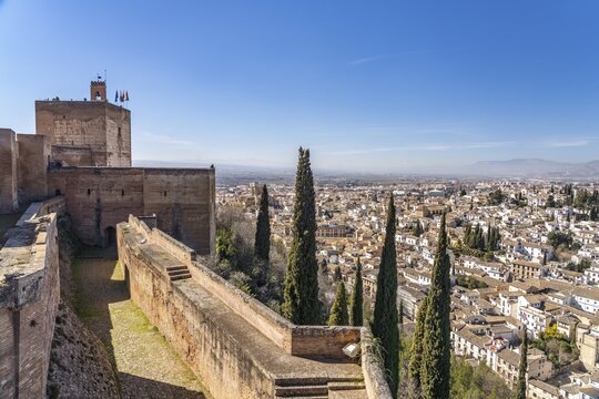 View from the castle complex of the Alhambra to the former Moorish residential quarter Albaic&iacute;n in Granada, Andalusia, Spain