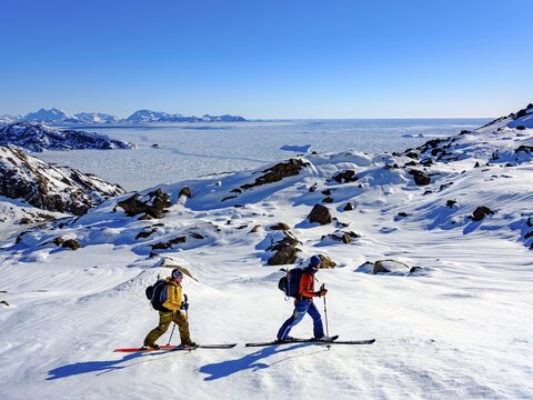 Ski mountaineer on ski tour, back pack ice, Tasiilaq, Ammassalik Island, Kommuneqarfik Sermersooq, East Greenland, Greenland