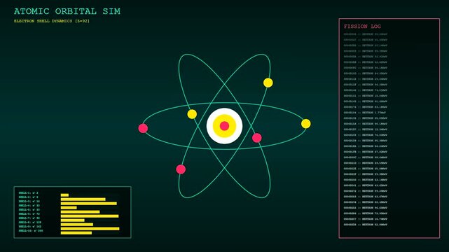 This digital simulation of a Fusion Reactor Core shows electrons orbiting a nucleus while data logs and shell dynamics update in a high tech interface.