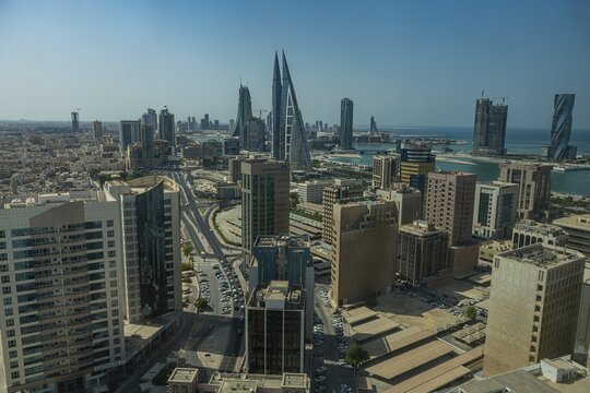 Overlook over the high rise buildings and the United tower in the Kingdom of Bahrain