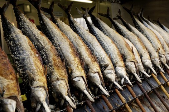 Smoked mackerels on stiks at grilling