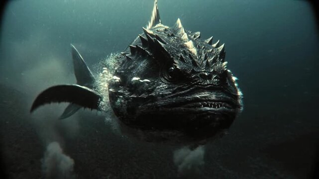 Scary fish with spiky head swims in deep ocean