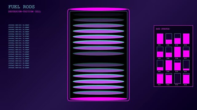 Animated data visualizations inside a fusion reactor core panel monitor energy levels and fuel cell status through a sophisticated digital head up display interface.