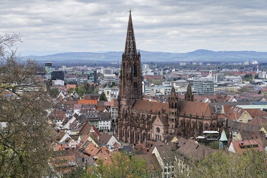 View from the Schlossberg to the M&uuml;nsterplatz, the Freiburg Cathedral of Our Lady, Old Town, New Town, Freiburg im Breisgau, Baden-W&uuml;rttemberg, Germany