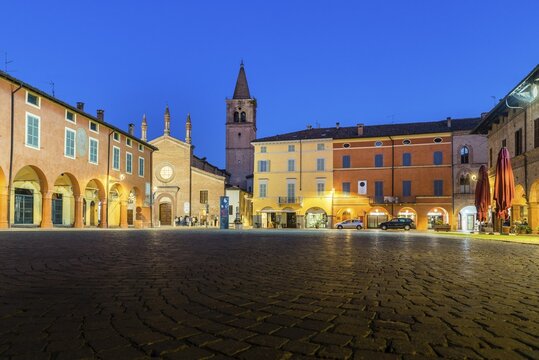 Piazza Giuseppe Verdi with Church of San Bartolomeo and Casa Barezzi, Busseto, Province of Parma, Emilia-Romagna, Italy
