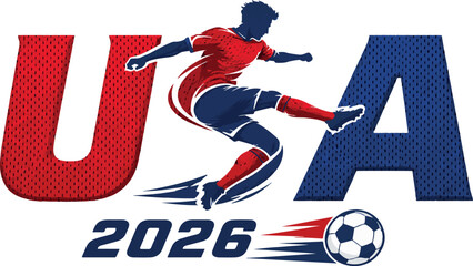 Dynamic USA 2026 Soccer Player Vector Illustration, Featuring a Patriotic Red and Blue Mesh Texture Design for Football Fans and Sports Events, Perfect for United States Team Support. © Sadek