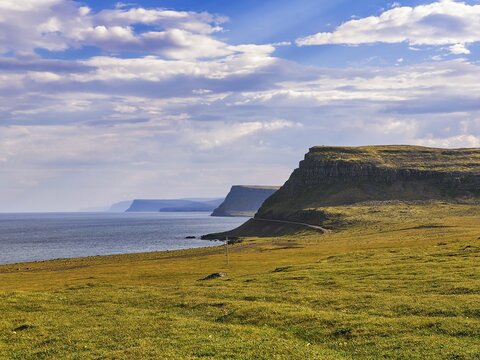 Barren coastal landscape with cliffs at the Denmark Strait, Cape Bjargtangar, L&aacute;trabjarg, Vestfir&eth;ir Peninsula, Westfjords, Iceland