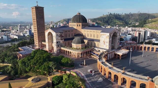 Sanctuary Of Our Lady Aparecida In Aparecida Sao Paulo Brazil. Bird Eye View Of Church Standing Tall Amidst Beautiful Scenery. Construction Landscape Company Building Amazing.