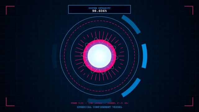 A futuristic digital display showcases a glowing Fusion Reactor Core pulsing with energy while complex interface elements and data readings rotate within a spherical confinement vessel.