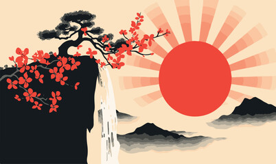 Fototapeta premium Traditional Japanese Landscape Vector Illustration with Rising Sun Red Cherry Blossom Tree Bonsai on Cliff Waterfall and Misty Mountains Zen Style Oriental Background Art for Poster.
