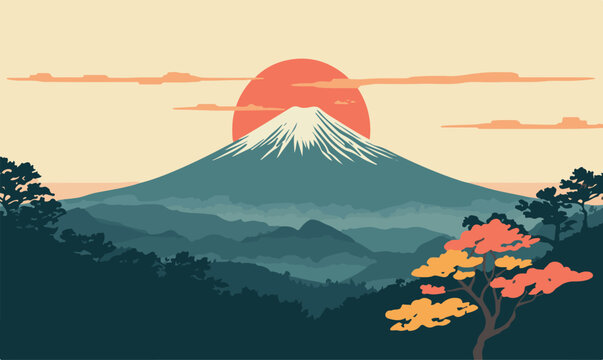 Minimalist Japanese Landscape Vector of Mount Fuji at Sunrise with Red Sun, Clouds, and Autumn Forest Trees in Ukiyo-e Style Illustration for Travel Posters and Calm Backgrounds.