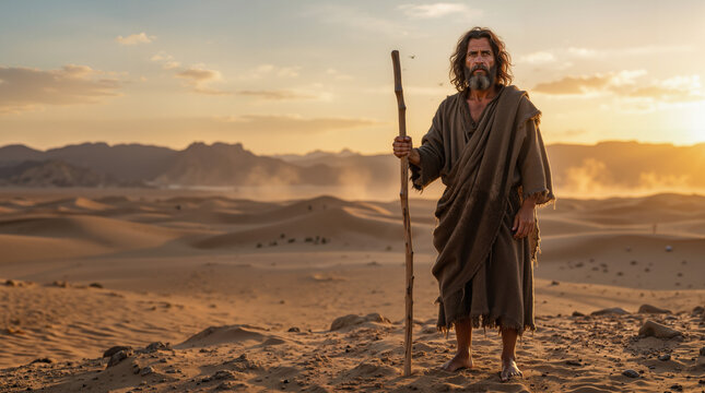 John the Baptist in the desert holding a wooden staff. Biblical prophet standing in a vast sand dune landscape at sunset. Religious and spiritual concept of faith and solitude