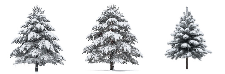 Set of Three Snowy Coniferous Fir Trees Isolated on White Background, Winter Pine Tree Collection with Snow-Covered Branches for Holiday Design, Realistic Christmas Tree Elements for Seasonal Graphic  © Army