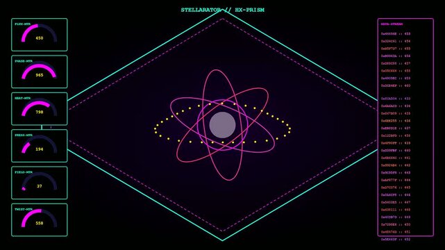 Monitoring a complex fusion reactor core as digital gauges fluctuate and hexadecimal data streams scroll across a high tech scientific interface displaying advanced energy generation metrics.