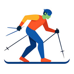 Obraz premium Cross country skier in action, mid stride with poles, dynamic pose on skis, vibrant sportswear, winter sport illustration, active lifestyle concept