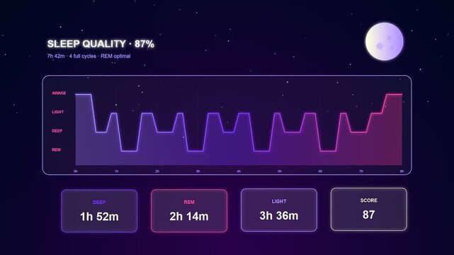 This digital dashboard monitors mental wellness progress by visualizing sleep quality cycles through a dark futuristic interface with neon light deep and rem graphs appearing