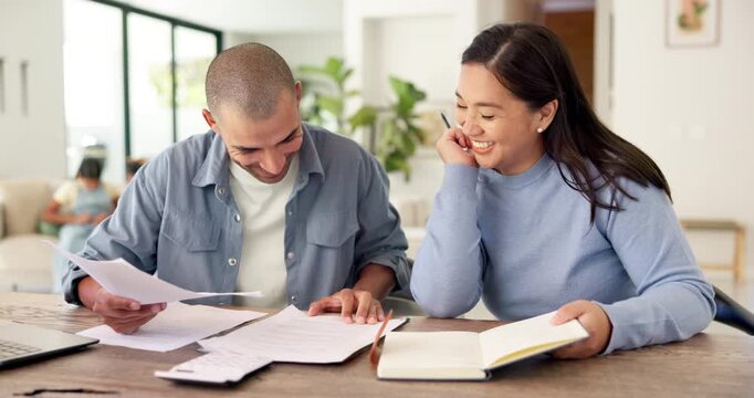 Happy, couple and writing with documents for financial planning, budget or expenses in home. Man, woman or smile with papers together or report for finance audit, investment or tax deduction in house