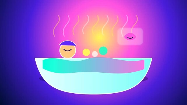 A gentle animation depicting mental wellness progress as a character relaxes in a steaming bath surrounded by colorful glowing spheres and vibrant neon gradients.