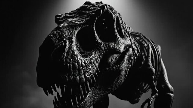 Dramatic black and white close up of a Tyrannosaurus Rex skeleton revealing ominous and intimidating details against a shadowy background