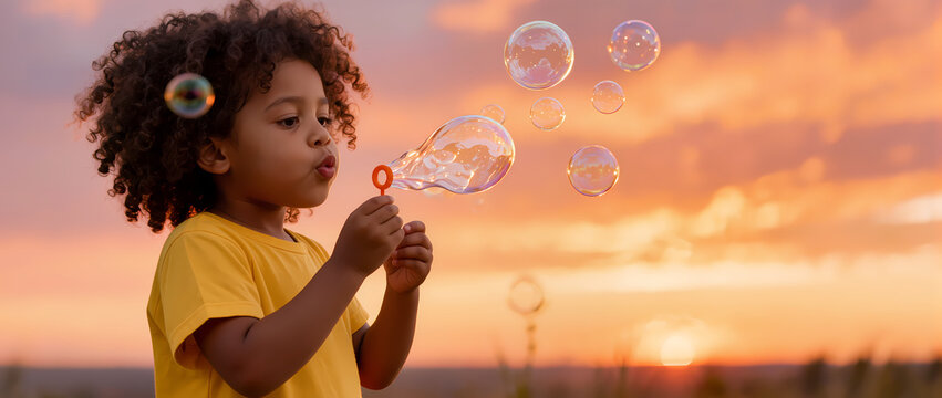 African girl blowing bubbles against sunset backdrop with vibrant sky, capturing joyful moment of childhood experience. 