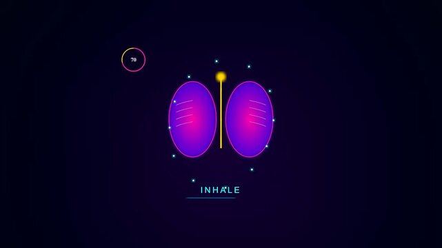 A stylized digital lung icon illustrates mental wellness progress through rhythmic inhale and exhale animations designed for mindfulness apps and stress relief meditation videos.
