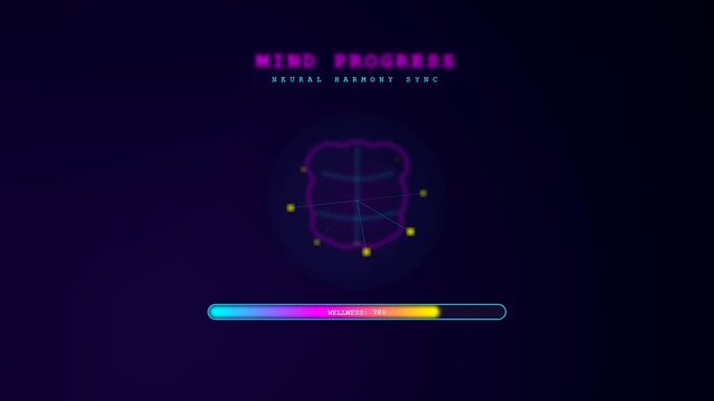 A futuristic interface visualizes mental wellness progress as a glowing neon bar fills up and neural nodes sync within a dark digital environment.