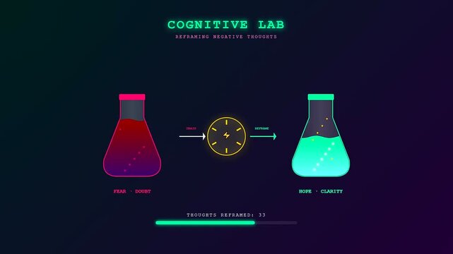 An innovative visualization for mental wellness progress shows negative thoughts being filtered and transformed from a red liquid into a vibrant glowing green clarity solution
